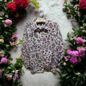 Talbots Plus Shirt Blouse Women's 2X Multicolor Floral Cotton Contrast Flip Cuff